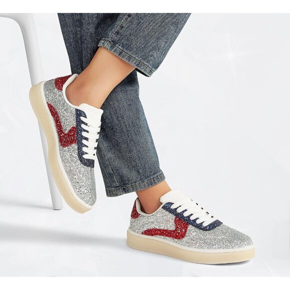 Lucky Step Women Silver Red Sparkly Bling Shiny Dressy Bedazzled Bridal Sneakers - Picture 7 of 9